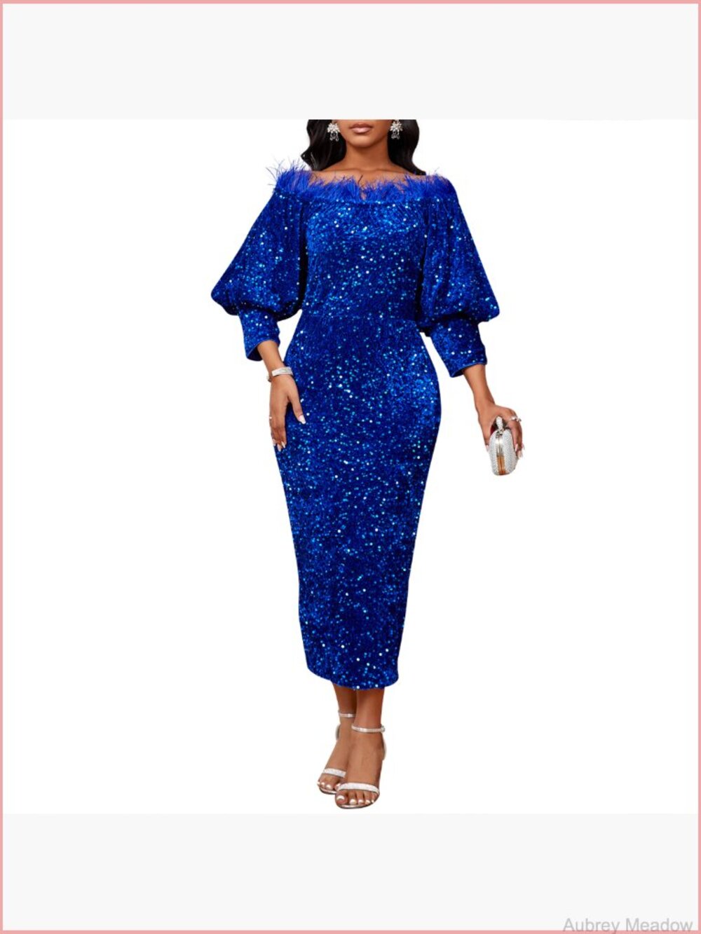 Sequin Off Shoulder Puff Sleeve Bodycon Midi Dress - Picture 6 of 7